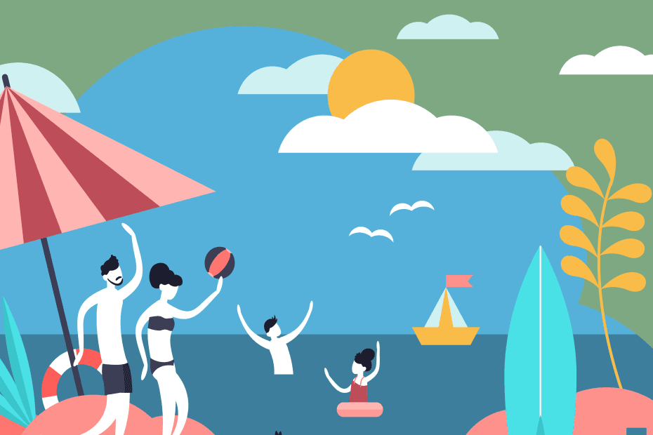 A whimsical illustration of a family playing on a beach and in the sea. The sun is shining and their dog is running on the beach, surrounded by surf boards and buckets and spades. The illustration uses the Here4Life Brand colours of green and pink along with a range of complimentary shades.