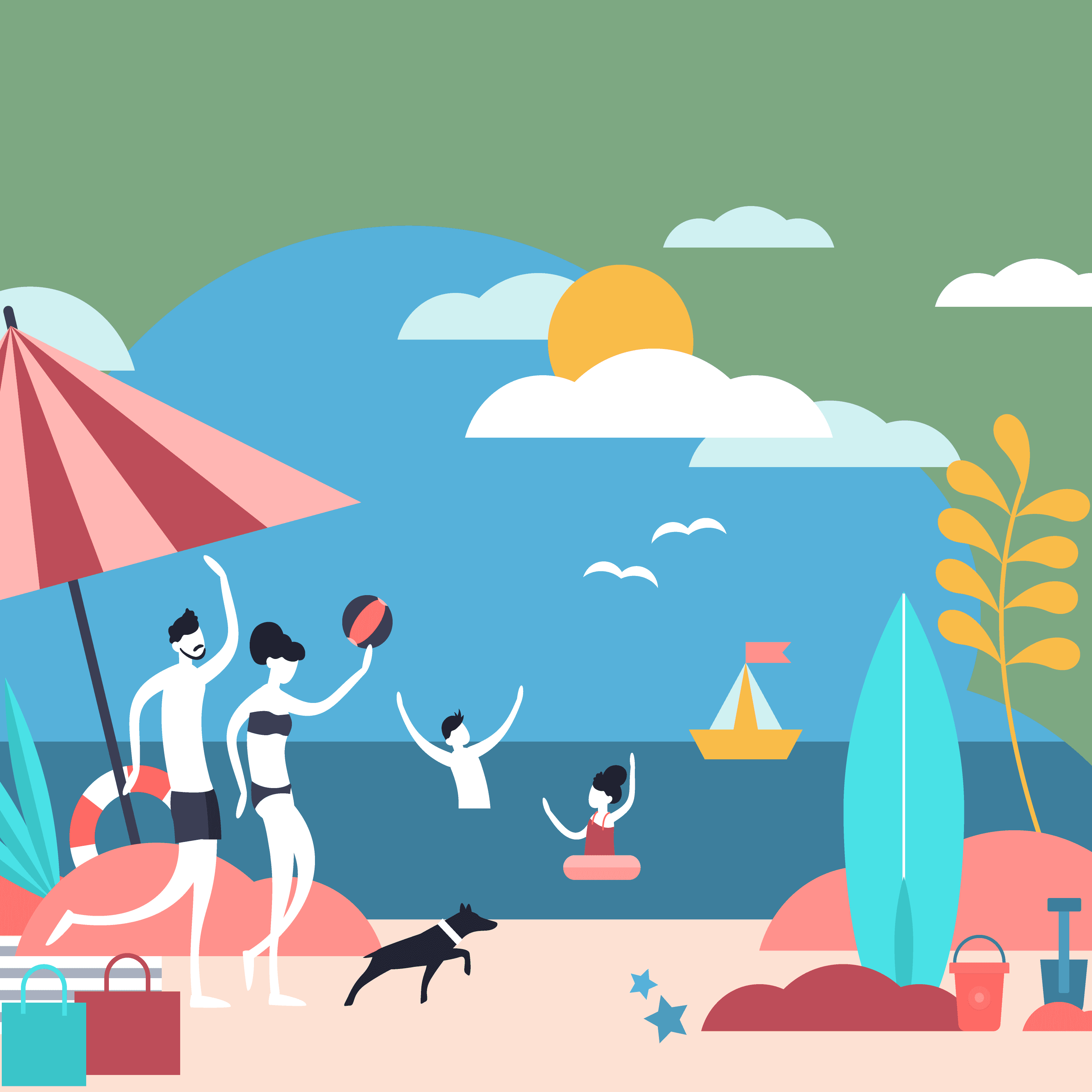 {"image_loaded": true, "load_issue": null, "description": "This is a flat-style illustration of a beach scene with six people and a dog. Two adults in swimwear stand on the sandy shore near two shopping bags and a beach umbrella; one adult holds a beach ball. Three children are in the water, one with a swim ring and two playing with arms raised. A black dog stands on the sand. The background shows a blue ocean with a yellow sailboat, birds in flight, and a partly cloudy sky with a sun. Beach items such as a surfboard, pails, and a shovel are visible along with plants and coral-like shapes.", "people": {"count": 6, "roles": ["adults", "children"], "visible_demographics": "Stylized figures with no detailed features; two adults and four children approximated by size and context.", "attire": "Swimwear of various styles; one child uses a swim ring.", "pose_or_activity": "Adults standing, one holding a ball; children swimming or playing in water; dog on sand."}, "setting": {"environment_type": "outdoors, beach", "location_hints": "sand, ocean, beach umbrella, surfboard, beach toys, plants, sailboat in water, seagulls flying", "depth_scale": "medium", "lighting": "assumed daylight with bright, flat colors", "temperature": "neutral"}, "objects": {"primary_objects": ["beach umbrella", "beach ball", "swim ring", "surfboard", "shopping bags", "pails and shovel", "sailboat"], "secondary_objects": ["plants", "coral shapes"], "object_interaction": "One adult holds a beach ball; one child uses a swim ring; dog is on sand; shopping bags near adults."}, "composition": {"subject_focus": "Figures positioned across the beach area, adults left foreground, children midground in water, horizon and objects in background.", "relationships": "Adults and children dispersed and interacting with objects or each other; dog near adults.", "depth_structure": "Clear layering from foreground beach to ocean and sky background.", "camera_angle": "eye-level, wide scene", "cropping": "wide horizontal framing capturing whole beach and ocean."}, "motion": {"motion_type": "implied", "motion_direction": "varied; children arms raised, dog mid-step", "energy_level": "moderate", "sequence_implied": "single moment"}, "aesthetic": {"medium": "digital illustration", "style_subtype": "flat, stylized", "color_palette": "saturated with bright and contrasting colors", "contrast_level": "high", "texture_and_grain": "smooth, no visible texture", "postprocessing": null}, "tone": {"visual_mood": "calm and playful", "lighting_influence": "bright and evenly lit", "camera_distance_effect": "distant, providing context and environment"}, "confidence": {"demographic_confidence": 0.5, "activity_confidence": 0.8, "setting_confidence": 0.9}}