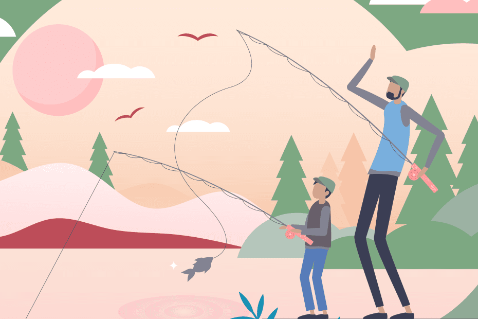 A whimsical illustration of a man and child fishing happily together by a lake at sunset. The illustration uses the Here4Life Brand colours of green and pink along with a range of complimentary shades.