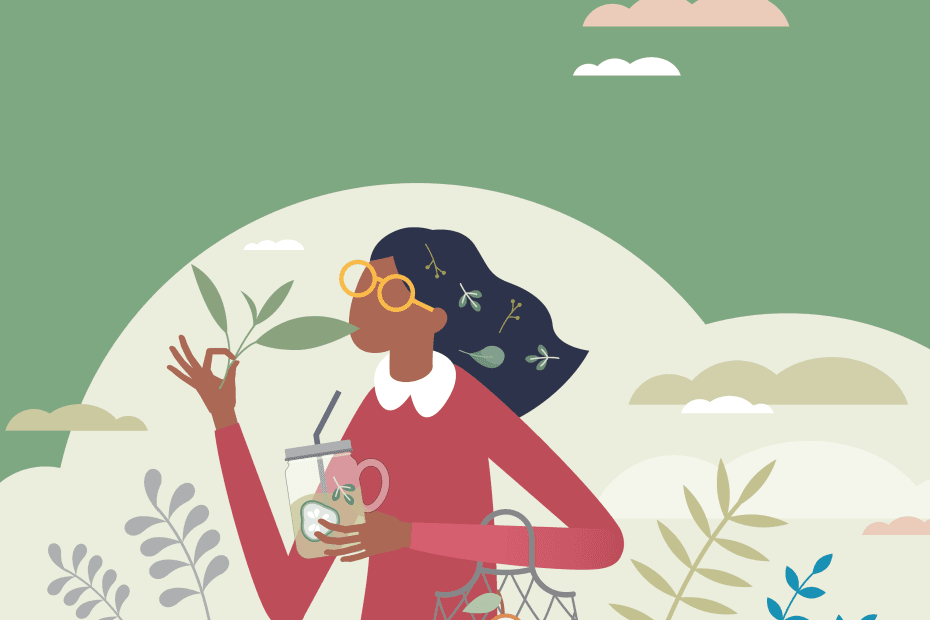 A whimsical illustration of a woman drinking water with fruit and herbs. The woman has a shopping basket on her arm containing fruit and she is depicted in a very tranquil, graphic setting of leaves and calm skies to represent a sense of Health and Wellbeing. The illustration uses the Here4Life Brand colours of green and pink along with a range of complimentary shades.