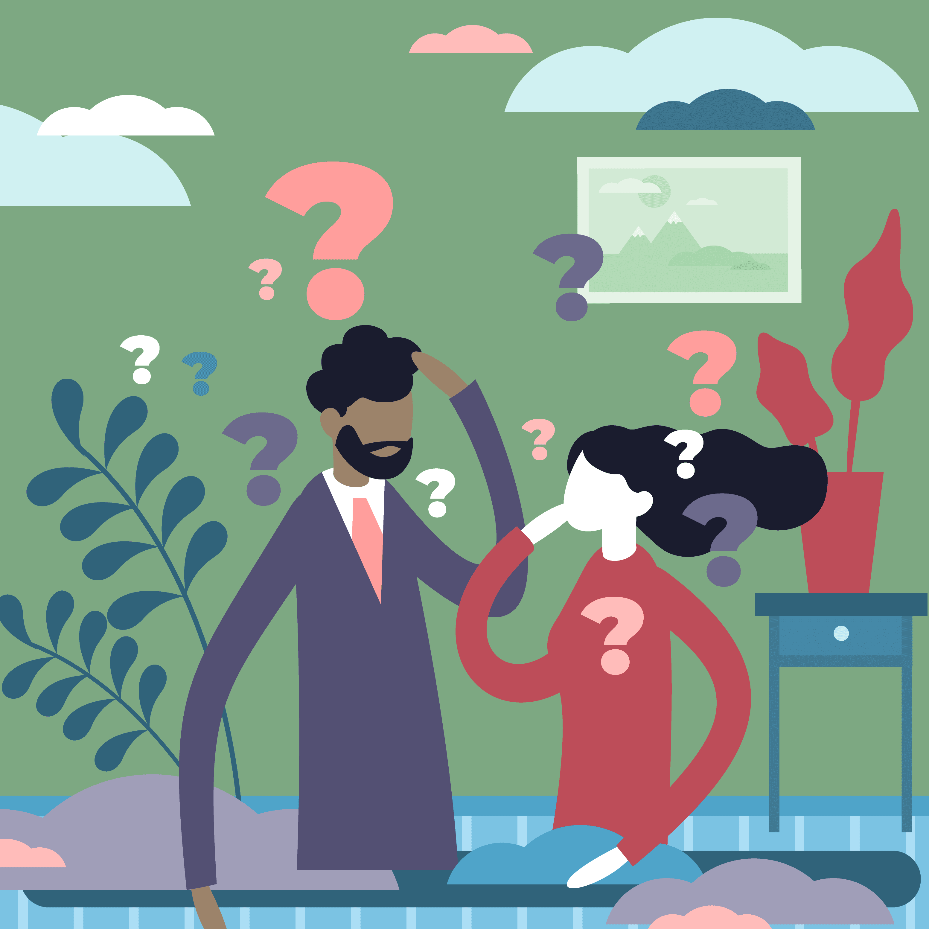 The image is a stylized illustration featuring two people sitting in a room. The person on the left has brown skin, short dark hair, and a beard, wearing a purple top and a light pink tie. The person on the right has pale skin, long black hair, and is wearing a red long-sleeve top and blue pants. Both individuals have question marks in various colors (pink, purple, white, and blue) floating around them and on their bodies and hair. The background shows green walls with a framed picture of stylized mountains and clouds. There are also potted plants on the right (with red leaves) and left (green leaves). The floor has a blue and white checkered pattern. The image uses flat colors and simple shapes with no visible outlines.