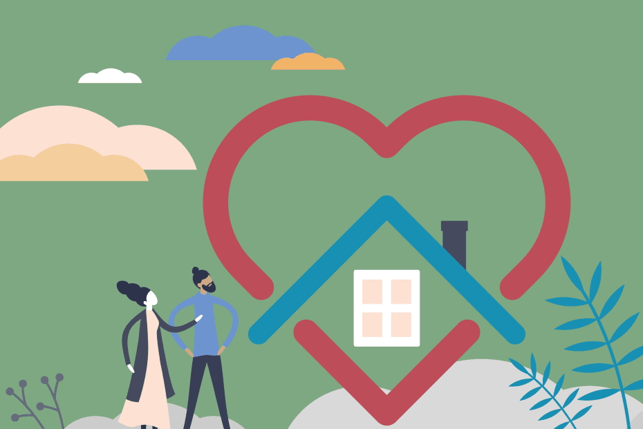 A whimsical illustration of a couple looking at their home. Their home has a heart around it. The illustration uses the Here4Life Brand colours of green and pink along with a range of complimentary shades.