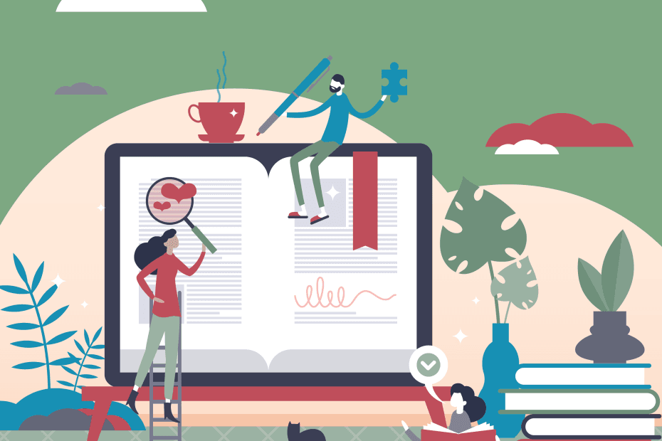 A whimsical illustration of a several figures exploring a giant book to represent learning. The scene is depicted in a very tranquil, graphic setting of leaves and calm skies to represent a sense of positive development. The illustration uses the Here4Life Brand colours of green and pink along with a range of complimentary shades.