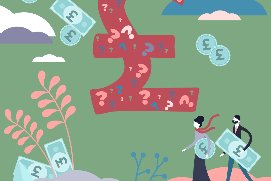 A whimsical illustration of a man and woman walking through a landscape in which coins and notes appear to grow and fall from the sky whilst a large GBP £ Sign floats above them. The illustration uses the Here4Life Brand colours of green and pink along with a range of complimentary shades.