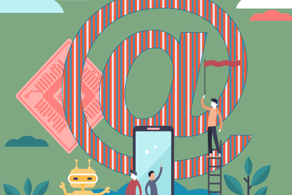 A whimsical illustration of a number of people exploring a giant 'at' sign, surrounded by a huge smart phone and a robot. The illustration aims to represent technology and the devices and gadgets that fill our lives. The illustration uses the Here4Life Brand colours of green and pink along with a range of complimentary shades.