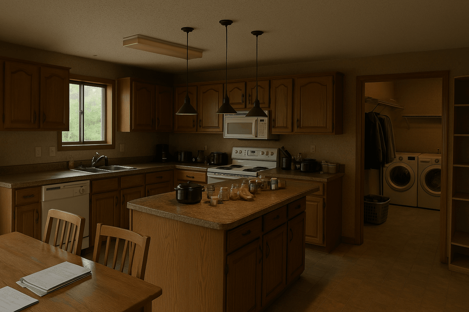 The image shows an indoor kitchen with wooden cabinets and a central island. There are three black pendant lights hanging from the ceiling above the island. The kitchen has a white dishwasher, microwave, and stove. On the island, there are various small glass containers with spices or similar contents and a black pot. To the left, there is a wooden dining table with two chairs and some open notebooks. Through a doorway on the right, a laundry room with a washing machine, dryer, and some hanging clothes is visible. Natural light comes from a window above the sink.