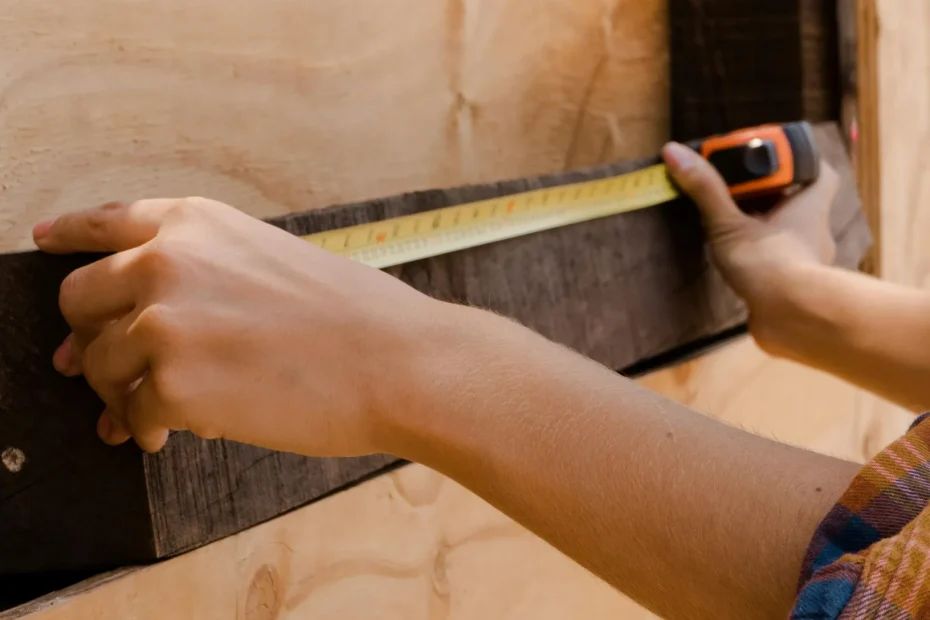 A close-up view shows two hands measuring a piece of dark wood against a plywood surface using a yellow tape measure. The person is wearing a plaid shirt, visible at the wrist and part of the forearm. The scene is lit with natural or neutral lighting, and the background is an unfinished wood panel. The tape measure is extended along the wood piece horizontally.