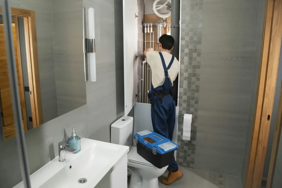 A man in work overalls is repairing plumbing pipes inside a bathroom. He is standing behind a panel above a toilet, reaching into the plumbing area. The bathroom features grey tiles on the walls, a white sink with a faucet and soap dispenser, and a mounted light fixture beside a mirror. A blue and black toolbox is placed on the closed toilet seat. There is a wooden door frame and a partially-open wooden door visible. The lighting is bright and even, with a medium framing that captures part of the bathroom i