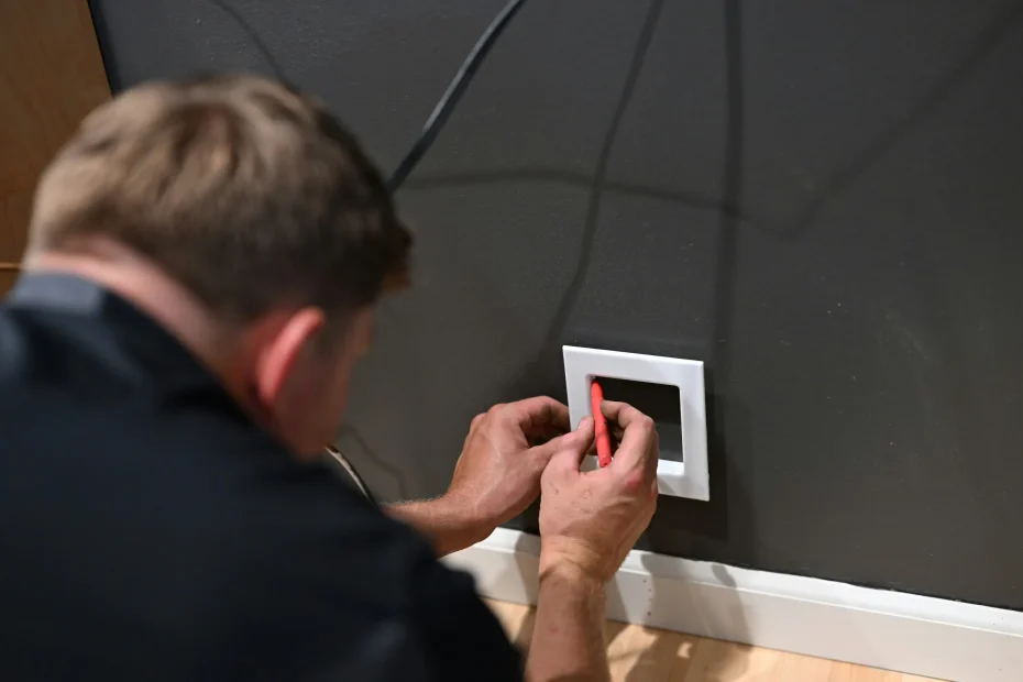 A man with short brown hair is crouched close to a dark gray wall near the floor, working on an electrical outlet or wall plate. He holds a red-handled tool in his right hand and appears to be adjusting or fitting a white plastic wall plate onto a recessed outlet housing. The floor is light wood with a white baseboard running along the wall's bottom edge. The man wears a dark jacket, and the photo is taken from behind and slightly above shoulder level, focusing on his hands and the outlet.