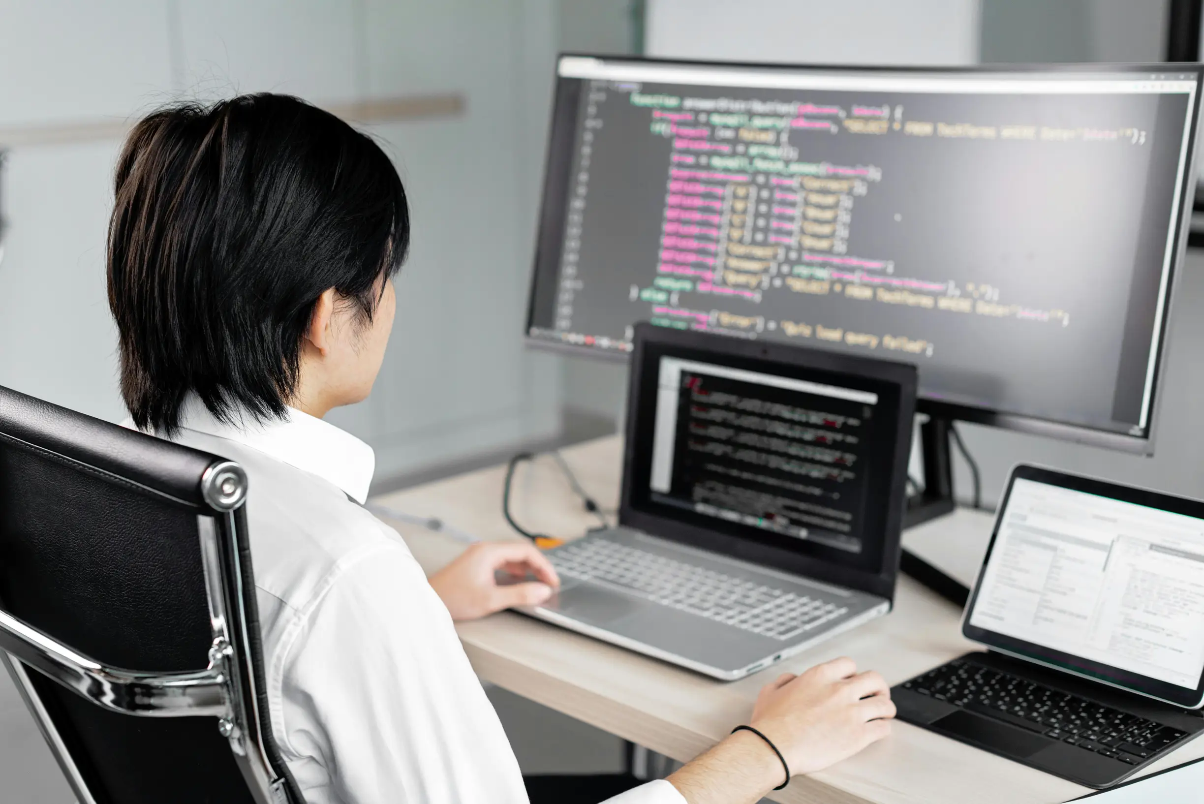 A single person with black hair, wearing a white long-sleeve shirt, is seated at a desk facing three screens showing programming code. The person is viewed from behind and slightly to the side. The workstation includes a large curved monitor, a laptop, and a smaller tablet-like device, all displaying various lines of code or text. The setting appears to be an indoor office with a neutral, modern environment and soft lighting. The person's right hand is resting on the desk near the laptop, with a black hair tie on the wrist.