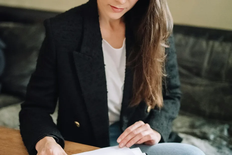 A woman with long brown hair is seated indoors at a wooden table, looking down at a document or paper stack placed on the table. She is wearing a black blazer over a white shirt and light blue jeans. On the table, near her left hand, there is a calculator and a pair of eyeglasses. The setting appears to be a comfortable indoor space with a blurred dark couch or seating area in the background. The lighting is soft and natural. The camera angle is eye-level and the framing shows her upper body and part of the