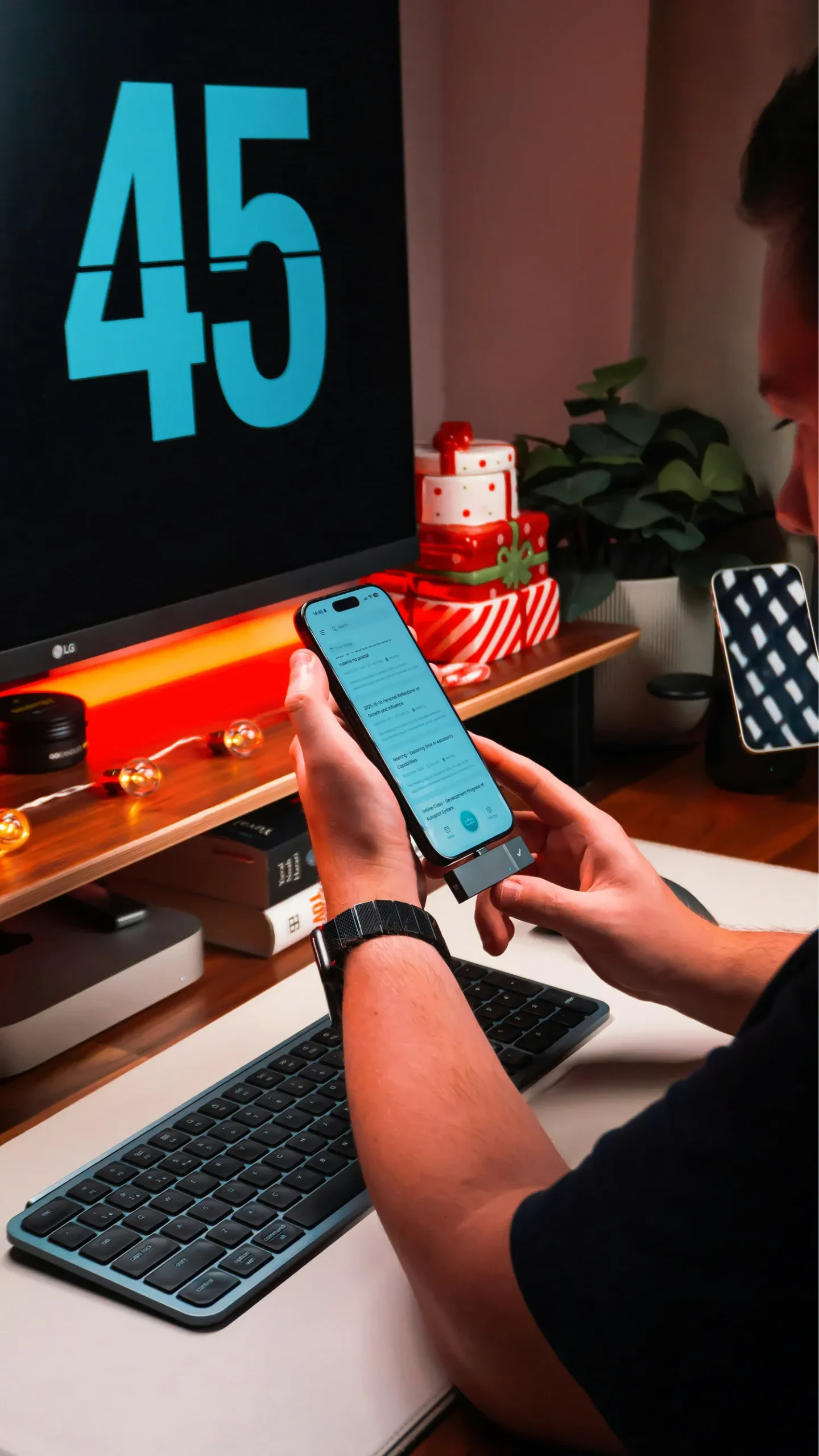Person holding phone at desk with computer screen