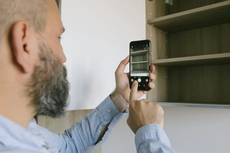 The image shows a man with a beard and short hair viewed from behind and the side, facing an open cabinet in a domestic setting. He is holding a smartphone in one hand and using the other hand to interact with the screen, appearing to take a photo or video inside the cabinet. The cabinet has several empty shelves and a white door, and is mounted on a light-colored wall. The man wears a light blue, long-sleeved shirt. The overall scene is well-lit with diffuse natural or artificial light.