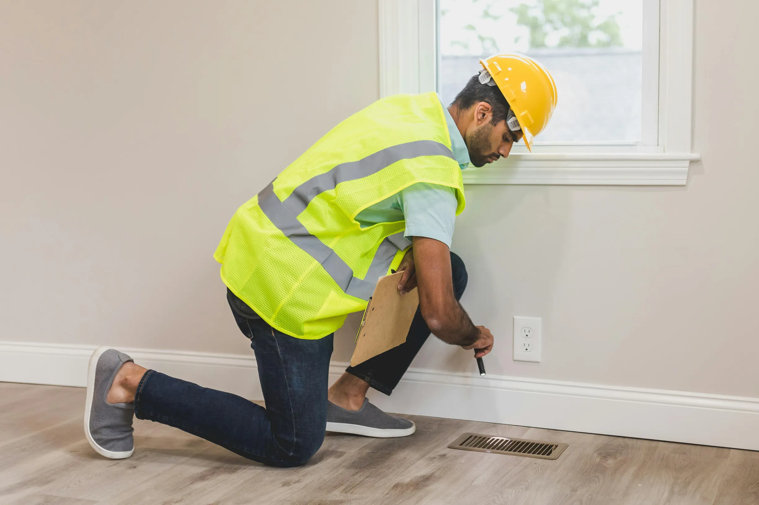 The image shows a single adult man kneeling on a wooden floor inside a bright room. He wears a yellow safety vest with reflective strips over a light blue shirt, dark pants, a yellow hard hat, and gray slip-on shoes. The man is inspecting or measuring something on a white electrical outlet on a beige wall near the floor, holding a clipboard in one hand and a tool in the other. Behind him is a white window with light coming through, suggesting natural daylight. The camera angle is at eye level and captures a