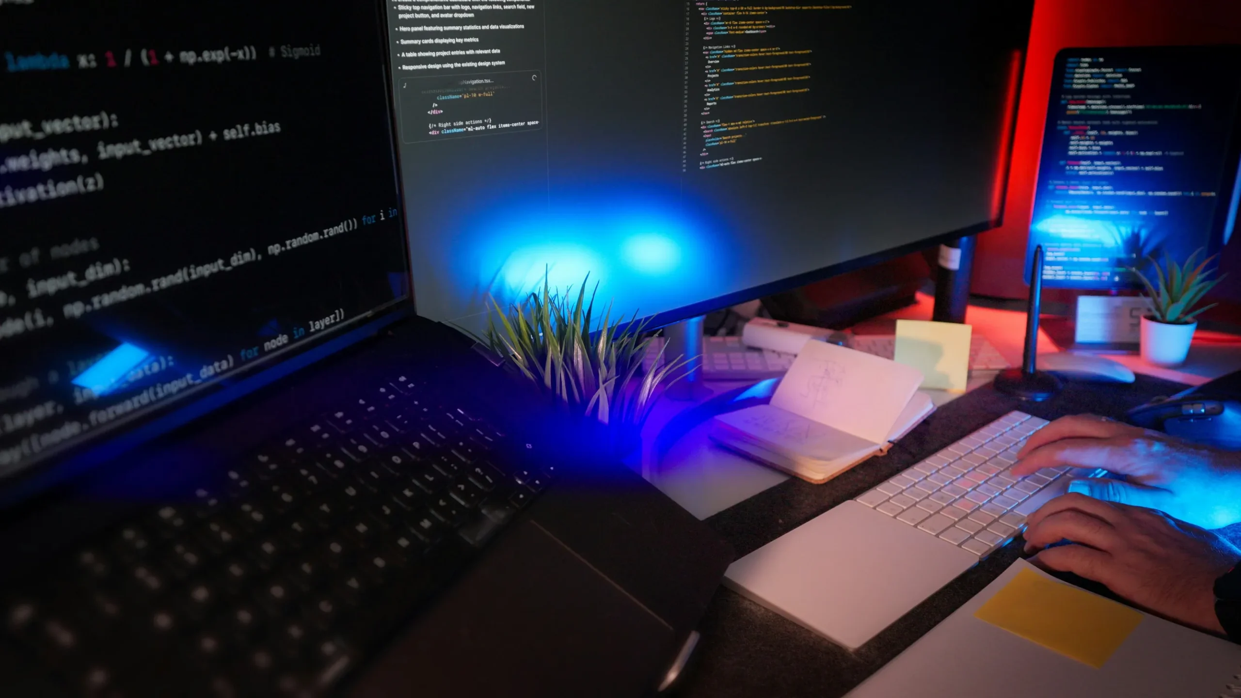The image shows a workspace with multiple computer screens displaying code. A person is typing on a white keyboard, with their hands visible in the lower right corner. The setup includes a laptop on the left side, two large monitors in the center and right, and a small plant in between the screens. There is an open notebook with sketches and sticky notes on the desk. The lighting is dim with a strong blue and red ambient glow reflecting off the surfaces.