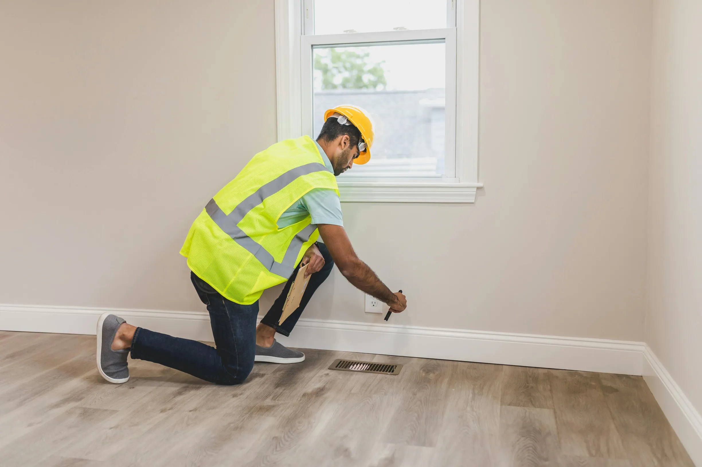 The image shows one adult male wearing a yellow construction safety vest and a yellow hard hat, kneeling on the floor near a wall inside a room. He appears to be inspecting or measuring a rectangular floor vent near the baseboard. The room has light-colored walls, wood-tone vinyl or laminate flooring, and a window with visible outdoor light. The lighting is natural, coming from the window. The camera angle is eye-level, capturing the person in profile from the side, with a medium framing showing the upper b
