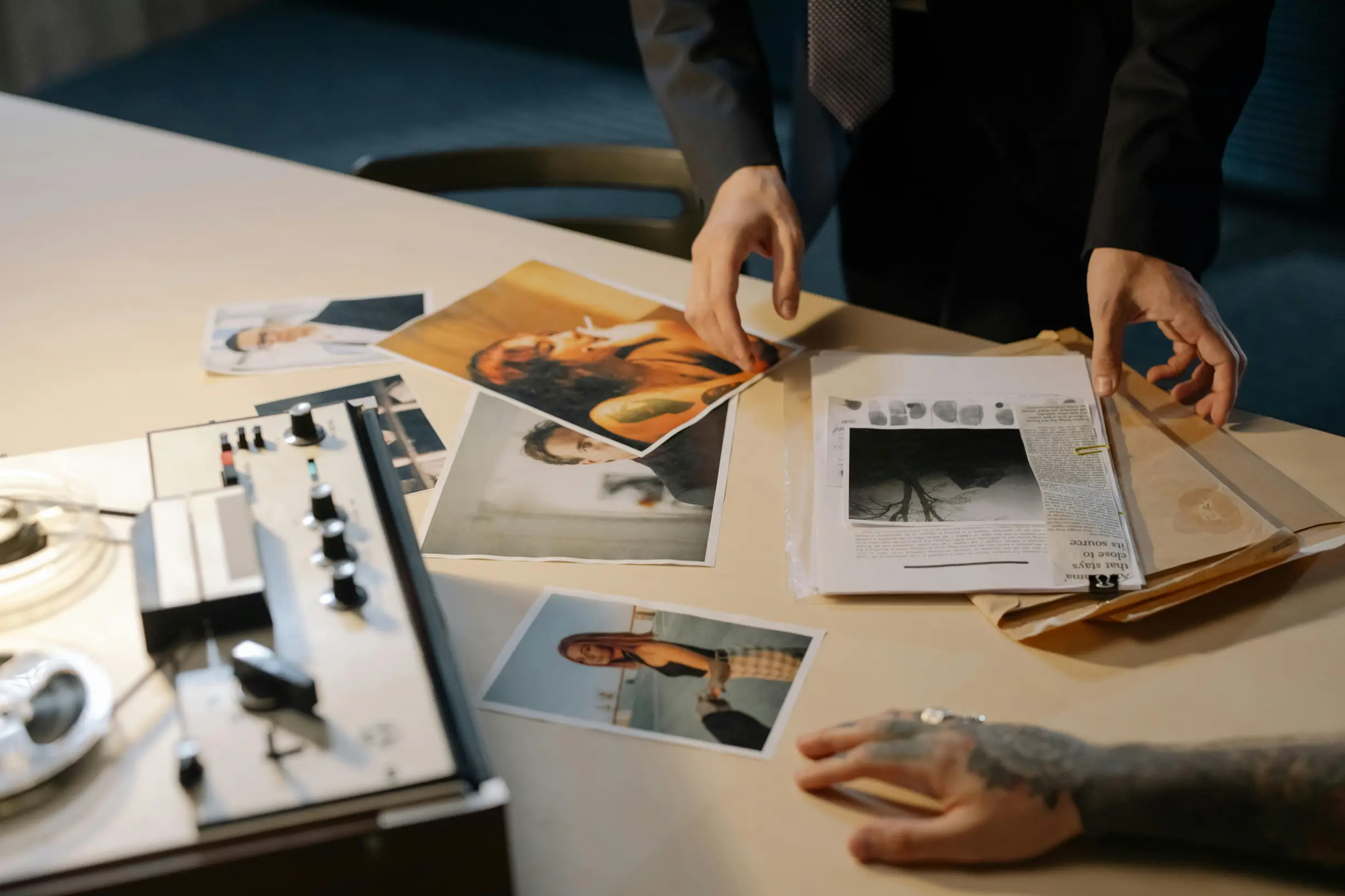 A detective examines evidence and photos during an investigation.