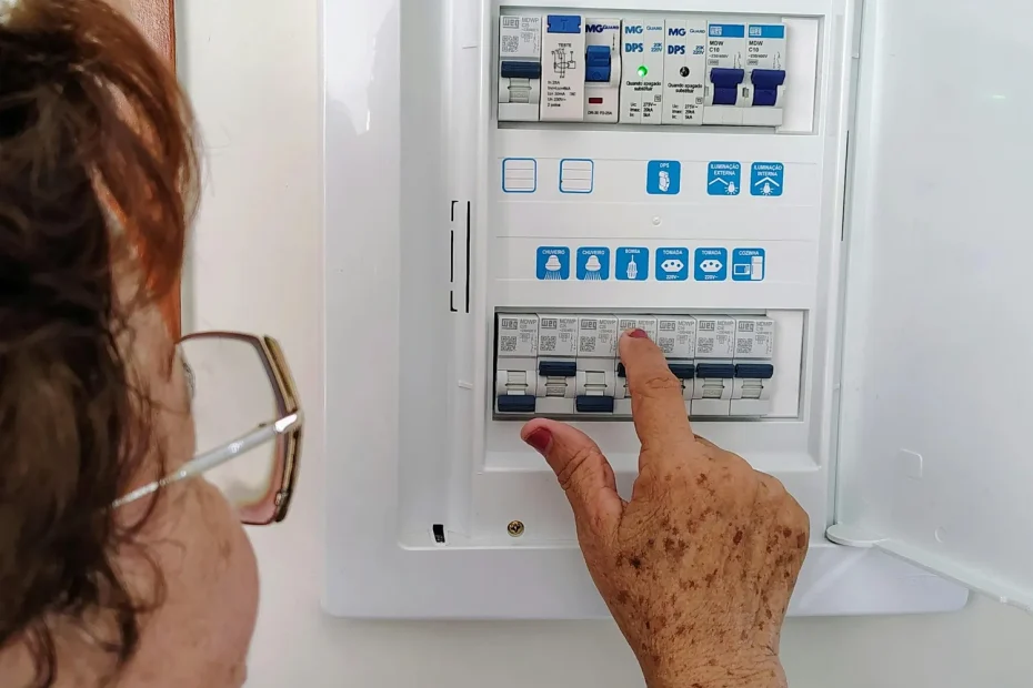 A woman interacting with an electrical control panel inside a house, showing hands-on operation.