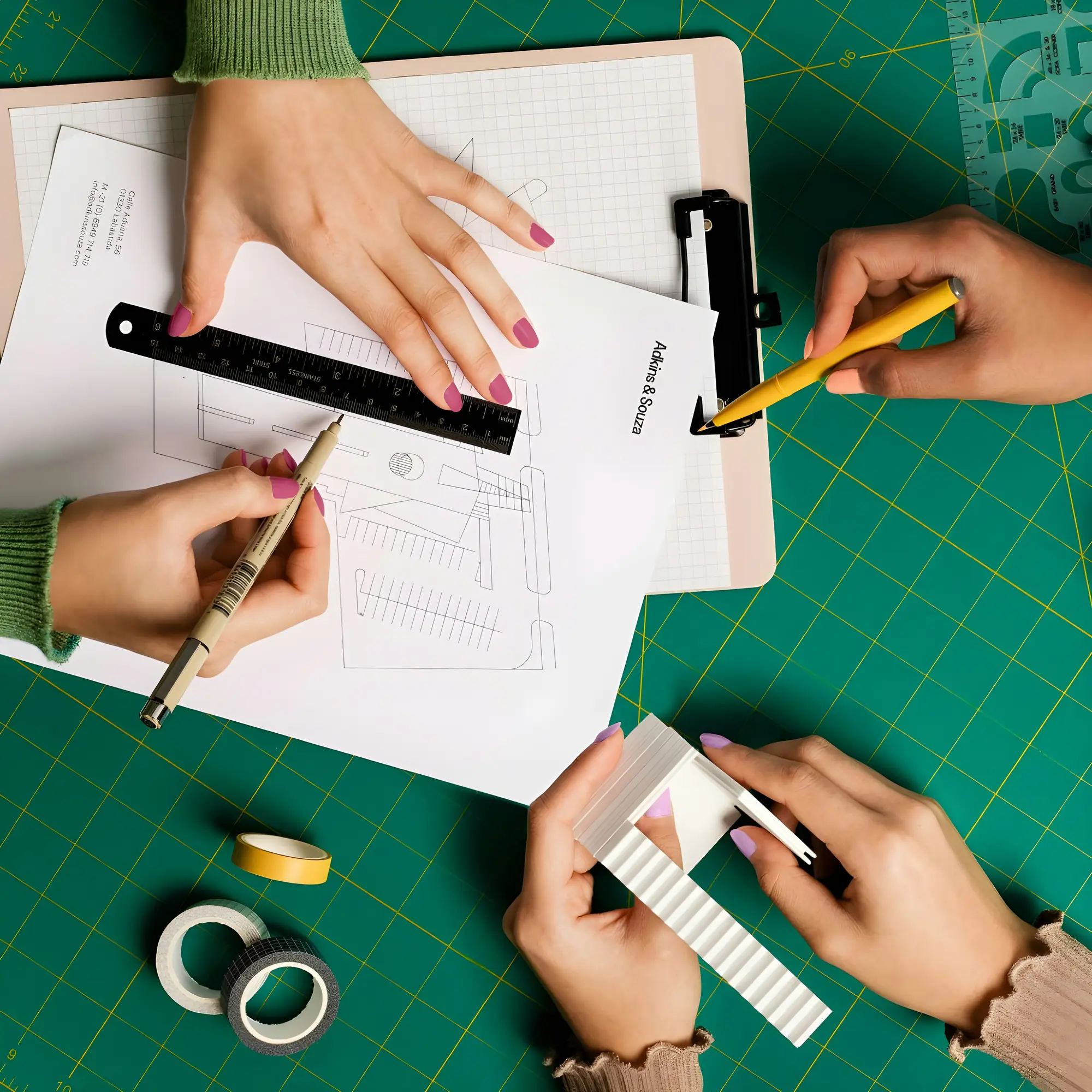 Hands working on a crafting project with ruler and paper