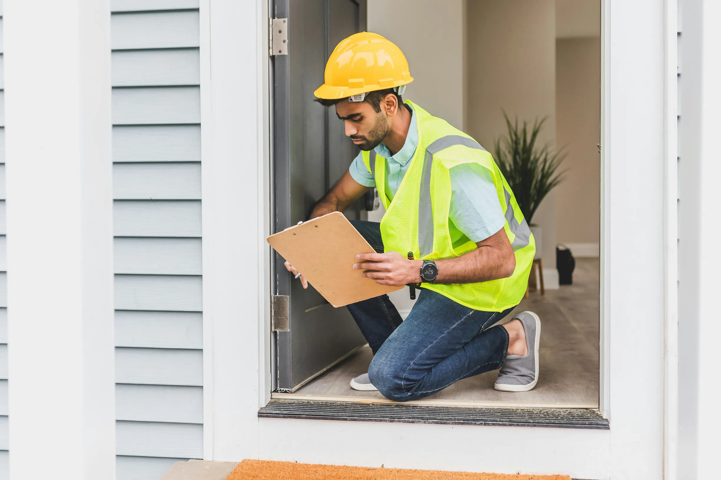 The image shows a single young adult male wearing a yellow safety helmet and a neon yellow safety vest, kneeling at a doorway. He is holding a clipboard and appears to be inspecting or recording information about the door or its frame. The man wears a light blue shirt, dark jeans, gray sneakers, and a watch on his left wrist. The setting is the entrance of a residential building or house with light-colored siding on the outside wall and an open door leading indoors where a plant is visible. The lighting is 