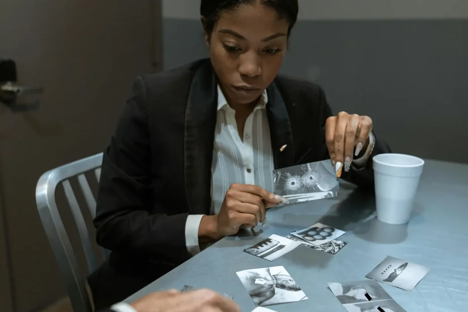 The image shows a woman seated at a metallic table in a plain room with gray walls. She wears a dark blazer and light-colored blouse. She is examining and sorting several black-and-white photographs spread on the table. A disposable white cup is also on the table near her. In the foreground, a blurred partial view of another person and another white cup are visible. The room has a closed gray door with a small window. The lighting is dim, with shadows noticeable on the walls and table.