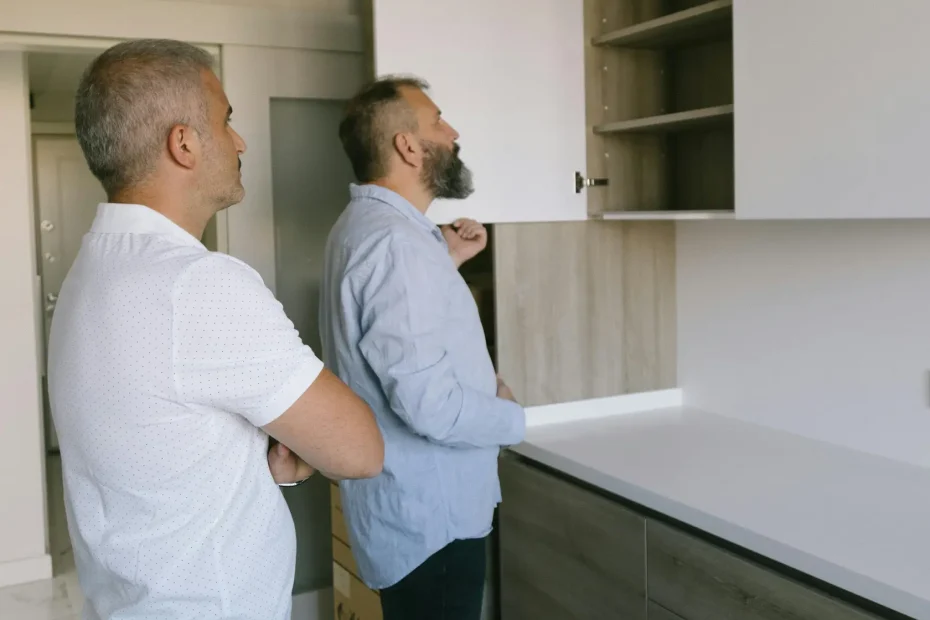 The image shows two men standing in a modern kitchen space. One man with gray hair wearing a white shirt and black pants stands with his arms crossed, while the other man with dark hair and a beard wears a light blue shirt and dark pants and is opening a white upper cabinet. The kitchen features lower cabinets with a wood finish and white countertops. The environment is indoors with a neutral-colored wall and ceiling, and the lighting appears natural or evenly diffused.
